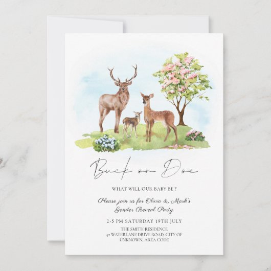 Buck oder Doe Deer Spring Floral Gender Reveal Einladung (Vorderseite)