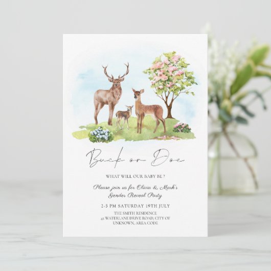 Buck oder Doe Deer Spring Floral Gender Reveal Einladung (Stehend Vorderseite)
