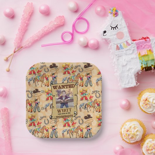 Buckaroo Cowboy Boy's Birthday Foto & Name Niedlic Pappteller (Party)