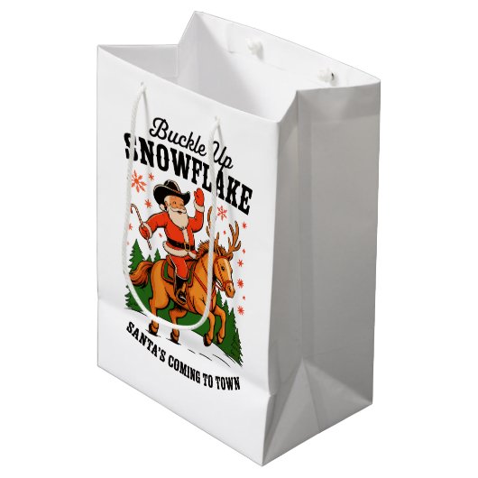 Buckle up Snowflake Rodeo Cowboy Weihnachten Mittlere Geschenktüte (Vorderseite Schrägansicht)