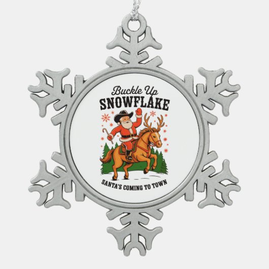 Buckle up Snowflake Rodeo Cowboy Weihnachten Schneeflocken Zinn-Ornament (Vorderseite)