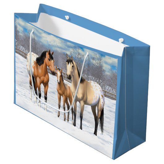 Buckskin Appaloosa Pferde im Schnee Große Geschenktüte (Vorderseite Schrägansicht)