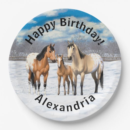 Buckskin Appaloosa Pferde im Schnee Pappteller (Vorderseite)