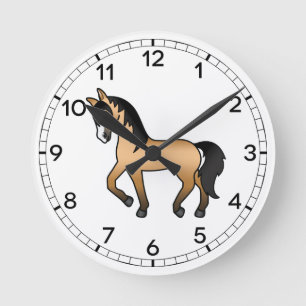 Buckskin Niedlicher Cartoon Trotting Horse Illustr Runde Wanduhr