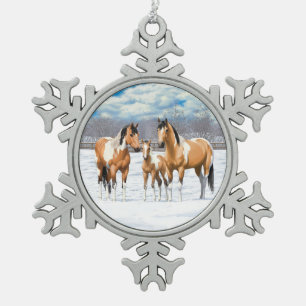 Buckskin Paint Horns in Snow Schneeflocken Zinn-Ornament
