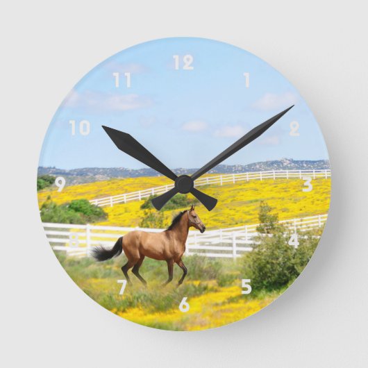Buckskin Pferd, das im Feld der Blume läuft Runde Wanduhr (Vorderseite)