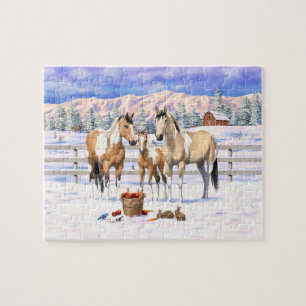 Buckskin Pinto Paint Quarter Pferde im Schnee Puzzle