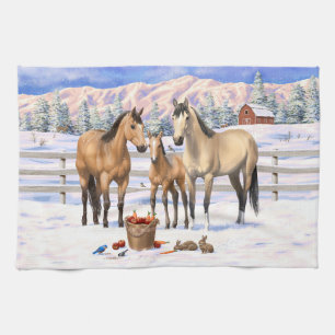 Buckskin Quarter Pferde im Schnee Geschirrtuch