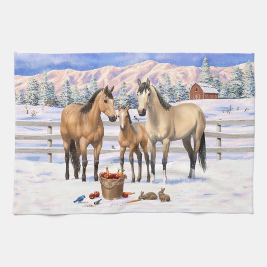 Buckskin Quarter Pferde im Schnee Geschirrtuch (Horizontal)
