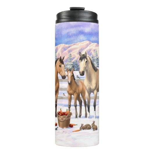 Buckskin Quarter Pferde im Schnee Thermosbecher (Vorderseite)
