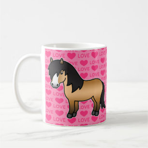 Buckskin Shetlandpony Cartoon auf Rosa mit Herzen Kaffeetasse