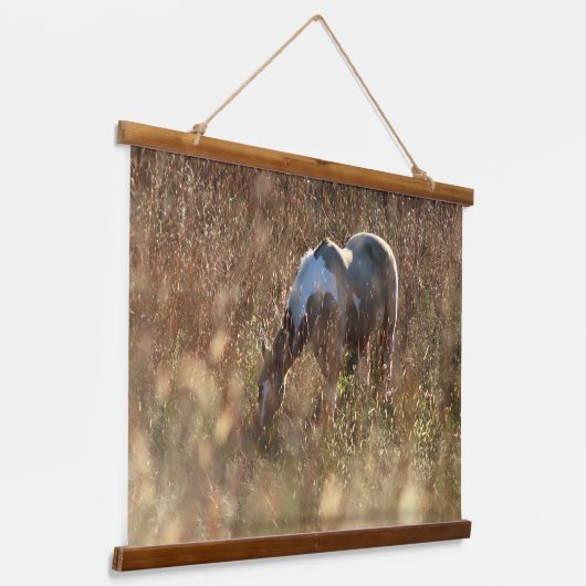 Buckskin Tobiano Grazing in Morning Sun Photo Wandteppich Mit Holzrahmen (Gewinkelt)