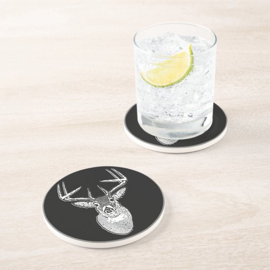 Bucktrophäe auf Schwarz-weißem Schwanz Hirsch Sandstein Untersetzer (Seite)