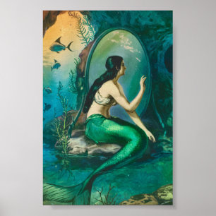 Buclid Vintag Mermaid in Mirror Print Poster