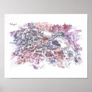 Budapest - Bird's Eye View Map (Lila) Poster