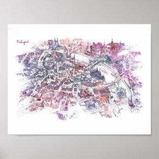 Budapest - Bird's Eye View Map (Lila) Poster