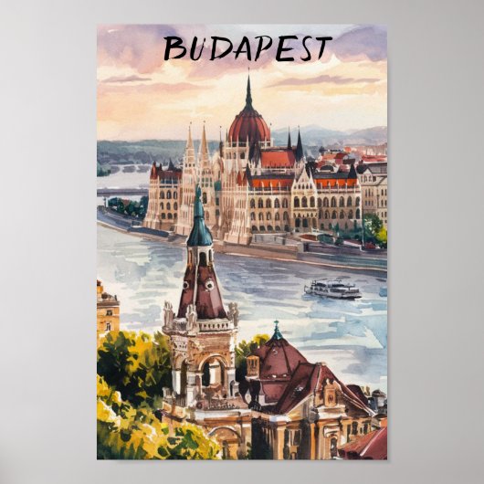 Budapest Ungarn  Vintage-Aquarellmalerei Poster (Vorne)