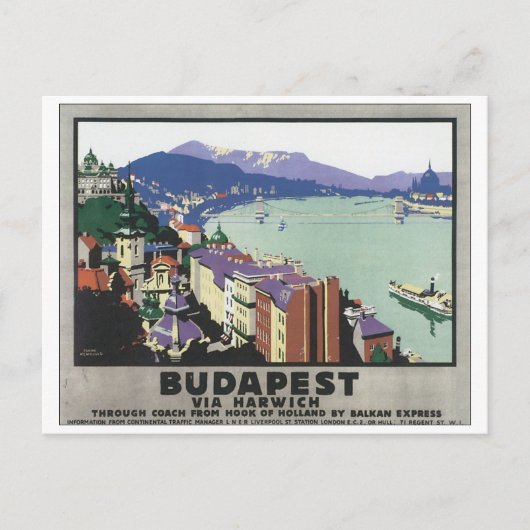 Budapest Via Harwich Vintage Reiseplakat Postkarte (Vorderseite)
