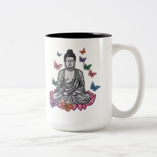 Buddha auf Lotus-Blume mit Schmetterlingen-Tasse Zweifarbige Tasse