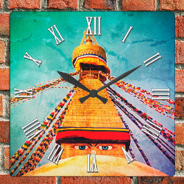 Buddha Eyes, Boudhanath Stupa, Nepal / Buddhismus Quadratische Wanduhr