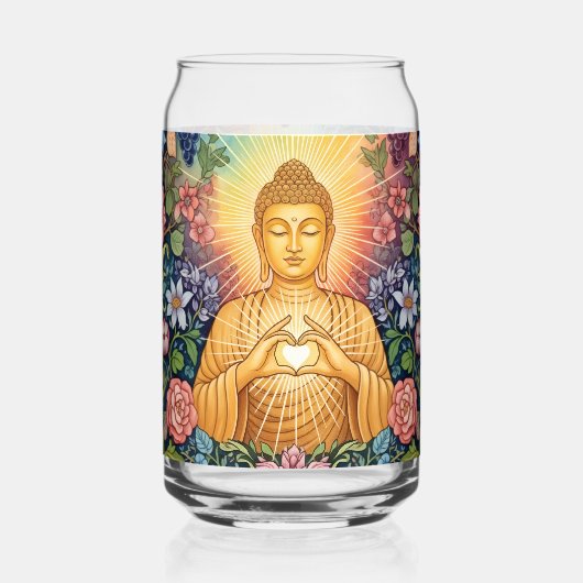 Buddha, Herz des Lichts, Glas, Blumen, Vintag Dosenglas (Vorderseite)