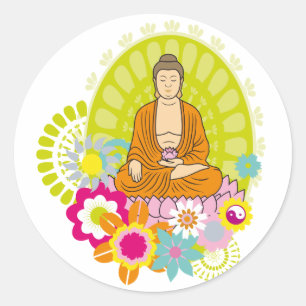 Buddha in den Frühlings-Blumen Runder Aufkleber