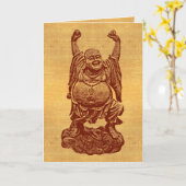 Buddha lachen + dein Text! (dunkelrot auf Papier) Karte (Gelbe Blume)