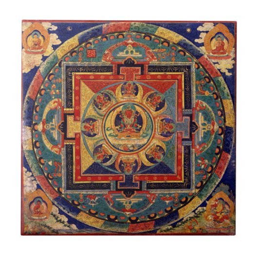 Buddha Mandala Antike Tibetische Thanka Tile Fliese (Vorderseite)