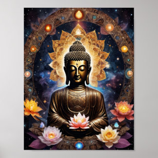 Buddha meditiert mit vielen Blume Poster