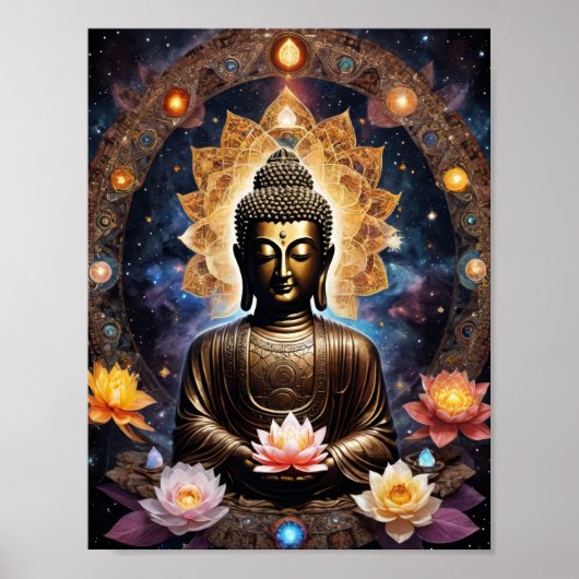 Buddha meditiert mit vielen Blume Poster (Vorne)
