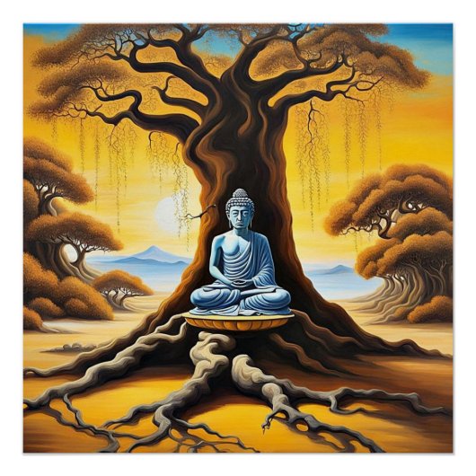 Buddha meditiert unter Baum Poster (Vorderseite)