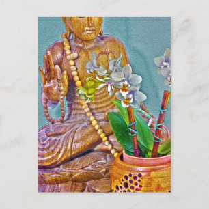 Buddha mit weißen Orchideen Postkarte