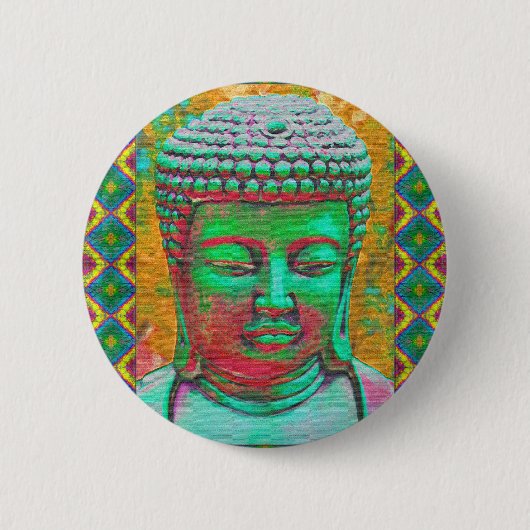 Buddha-Pop in Aquamarin Grün und Rot Button (Vorderseite)