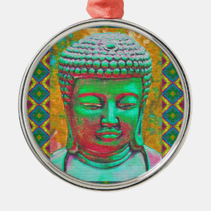 Buddha-Pop in Aquamarin Grün und Rot Silbernes Ornament