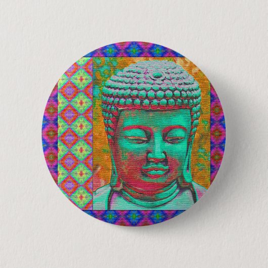 Buddha-Pop mit Patchwork-Borders in Blau und Rosa Button (Vorderseite)