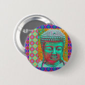 Buddha-Pop mit Patchwork-Borders in Blau und Rosa Button (Vorne & Hinten)