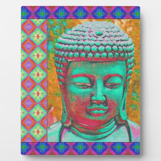 Buddha-Pop mit Patchwork-Borders in Blau und Rosa Fotoplatte (Vorderseite)