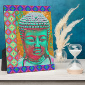 Buddha-Pop mit Patchwork-Borders in Blau und Rosa Fotoplatte (Seite)
