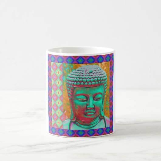 Buddha-Pop mit Patchwork-Borders in Blau und Rosa Kaffeetasse (Mittel)