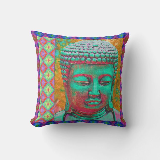 Buddha-Pop mit Patchwork-Borders in Blau und Rosa Kissen (Vorderseite)