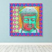 Buddha-Pop mit Patchwork-Borders in Blau und Rosa Leinwanddruck (Insitu (Holzboden))