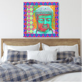 Buddha-Pop mit Patchwork-Borders in Blau und Rosa Leinwanddruck (Insitu (Schlafzimmer))