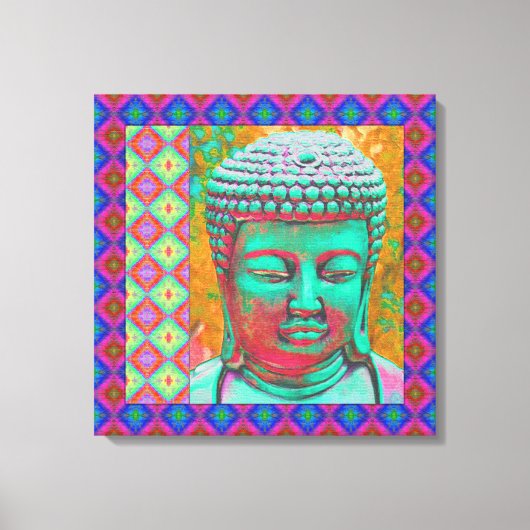 Buddha-Pop mit Patchwork-Borders in Blau und Rosa Leinwanddruck (Vorderseite)