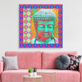Buddha-Pop mit Patchwork-Borders in Blau und Rosa Leinwanddruck (Insitu (Wohnzimmer))
