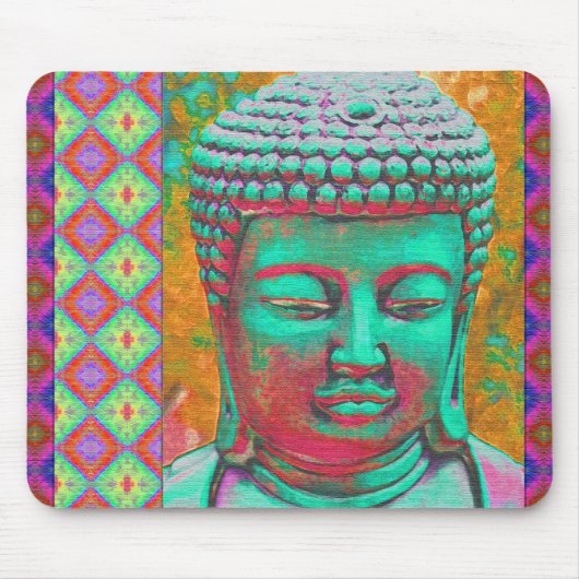 Buddha-Pop mit Patchwork-Borders in Blau und Rosa Mousepad (Vorne)