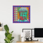 Buddha-Pop mit Patchwork-Borders in Blau und Rosa Poster (Heimbüro)