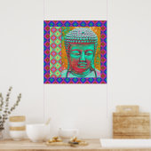 Buddha-Pop mit Patchwork-Borders in Blau und Rosa Poster (Küche)