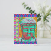 Buddha-Pop mit Patchwork-Borders in Blau und Rosa Postkarte (Stehend Vorderseite)