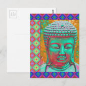 Buddha-Pop mit Patchwork-Borders in Blau und Rosa Postkarte (Vorne/Hinten)