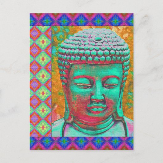 Buddha-Pop mit Patchwork-Borders in Blau und Rosa Postkarte (Vorderseite)